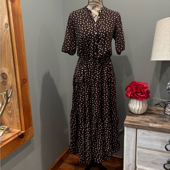 Chaps Dresses & Skirts - Chaps Brown and White Polka Dot Mid Sleeve Dress